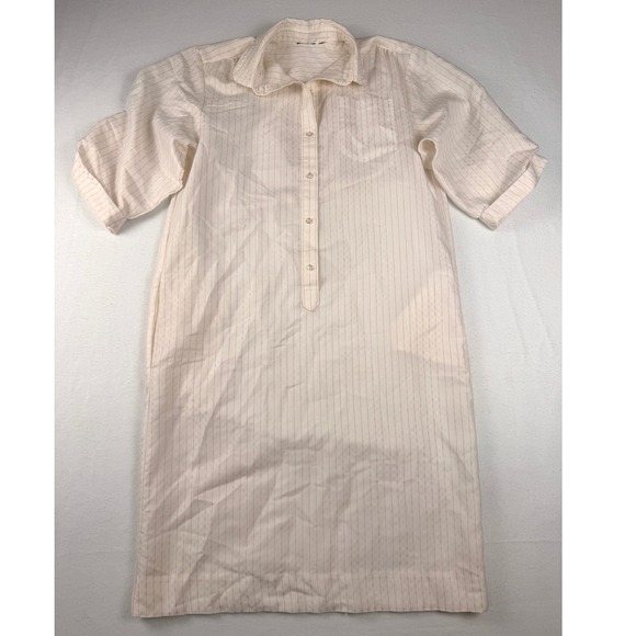 Vintage Dresses & Skirts - Vintage Pinstripe Shirt Dress Short Sleeve Button Front Cream Pink Stripe Mini